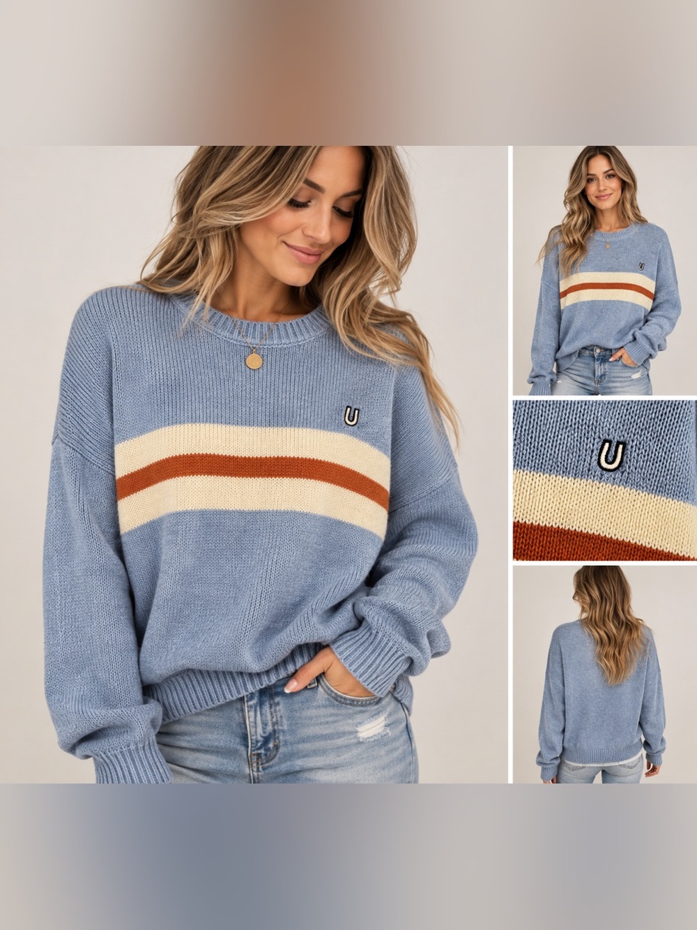 Urban Outfitters Blue Stripe Crewneck Sweater with Cream & Rust Bands
